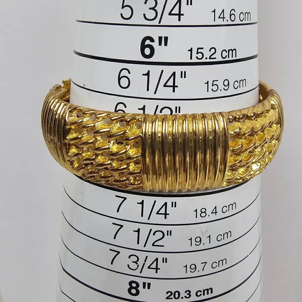 Vintage Gold Tone Hinged Clamper Bracelet Stripe Open Work Chunky‎ Statement